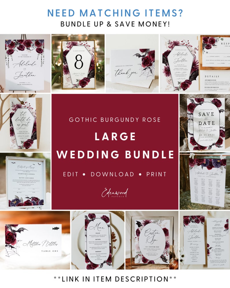 Pu&ograve; includere: Un grande pacchetto di cancelleria da matrimonio stampabile a tema rosa gotica borgogna. Il pacchetto include una carta di salvataggio della data, una carta di numero del tavolo, un invito di nozze, una carta di menu e un piano di posti a sedere. Il design presenta pipistrelli, rose e una bara.