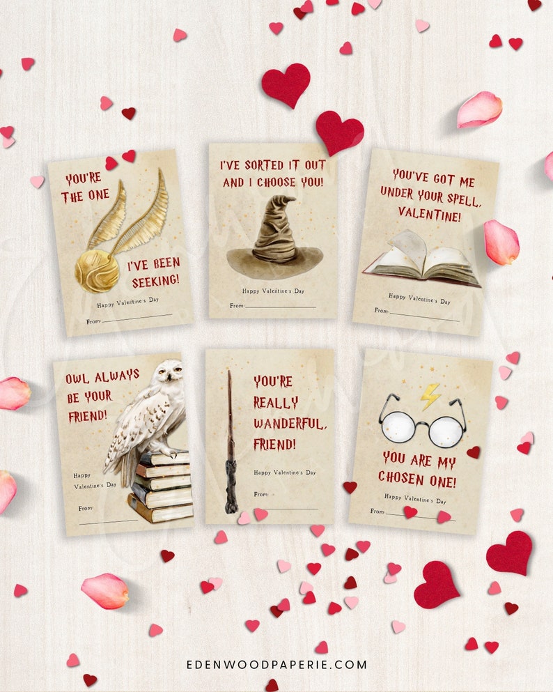 May include: Six printable Valentine's Day cards featuring Harry Potter themed illustrations. The cards feature a golden snitch, a sorting hat, a book, an owl, a wand, and a pair of glasses. Each card has a different message, such as "You're the one I've been seeking!" and "You're really wonderful, friend!"