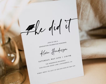 May include: A graduation party invitation with a black graduation cap icon and the text "He did it" in a handwritten font. The invitation is for Kevin Henderson and includes the date, time, and location of the party.