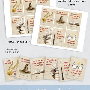 May include: Printable set of 8 Harry Potter themed Valentine's Day cards. The cards feature illustrations of a golden snitch, a wizard's hat, a snowy owl, a wand, and a pair of glasses. The cards are 2.75 inches by 3.75 inches and include the text "You're the one", "I've sorted it out and I choose you", "You've got me under your spell. Valentine!", "Owl always be your friend!", "You're really wonderful. Friend!", and "You are my chosen one!"