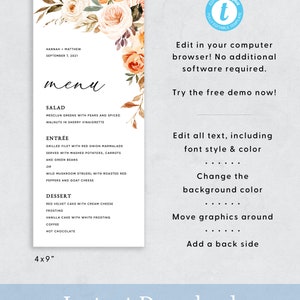 May include: A printable wedding menu template with a floral design featuring peach, white, and orange flowers. The menu includes a salad, entr&eacute;e, dessert, coffee, and hot chocolate. The text on the template reads "Hannah & Matthew, September 7, 2021, Menu". The template is 4x9 inches.