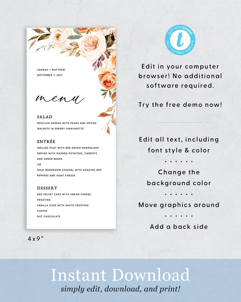 May include: A printable wedding menu template with a floral design featuring peach, white, and orange flowers. The menu includes a salad, entr&eacute;e, dessert, coffee, and hot chocolate. The text on the template reads "Hannah & Matthew, September 7, 2021, Menu". The template is 4x9 inches.