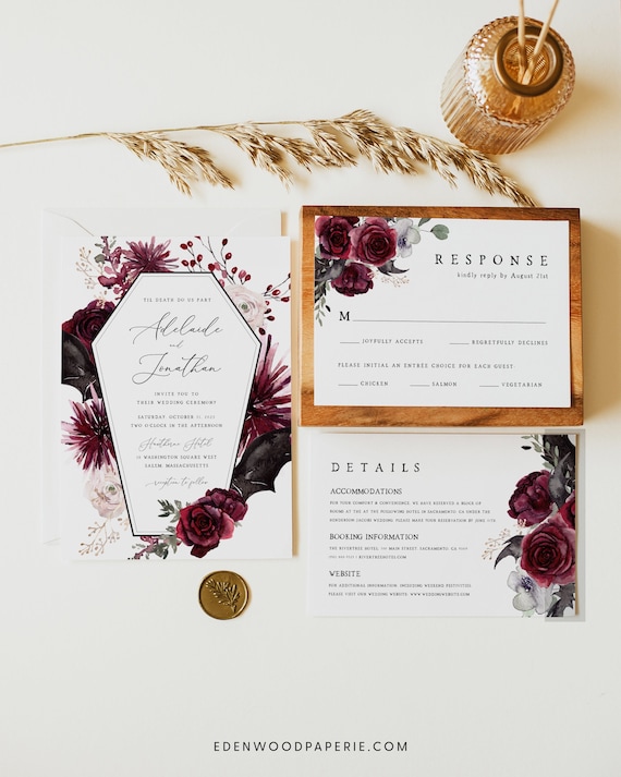 Halloween Wedding Invitation Template, Gothic Wedding Invitation Set, Printable Wedding Invitation Suite, Editable Download, #006