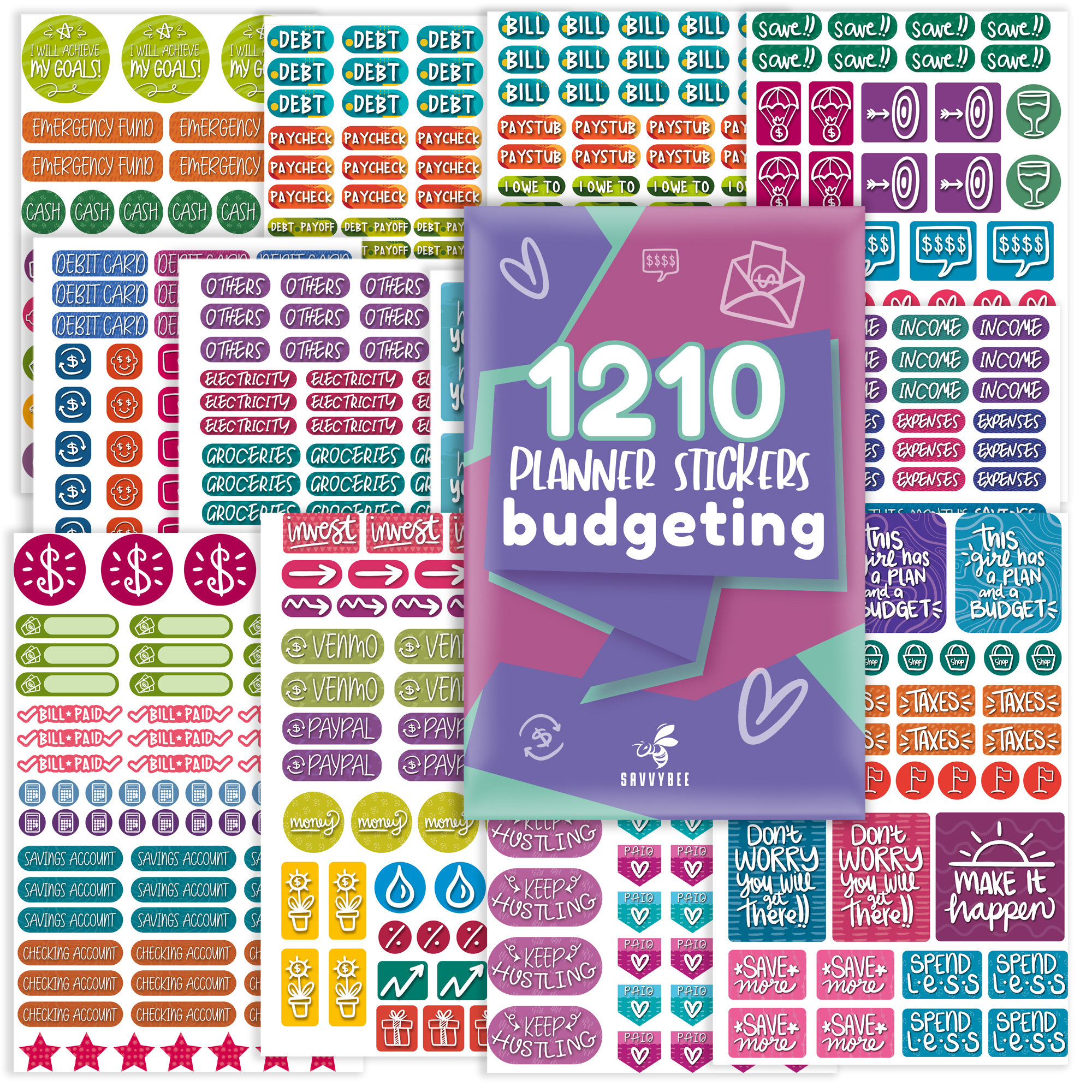 Savvy Bee Budget Planner Stickers Value Pack of 1210 Finance Stickers for  Planners & Journals, Calendars, Notebooks 24 Sheets per Pack 