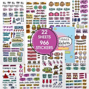 May include: A set of 22 sheets of planner stickers with 966 stickers in total. The stickers are colorful and feature various designs, including animals, food, travel, and motivational quotes. The stickers are perfect for adding a personal touch to planners, journals, and other paper goods.