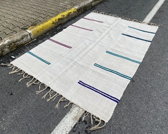 Fringed oversized hemp Rug, 5’3x7’8 ft, Turkish patchwork Rug, Kilim rug, Handmade, Vintage salon rug, Handstitch Rug, Area Rug, 240x163 cm