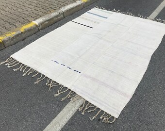 White Hemp Rug, 5'9x8'0 ft, Hemp area rug, Oversize Turkısh hemp Rug, Handmade, Vintage, Large Striped Rug, Kilim Rug, 243x180 cm