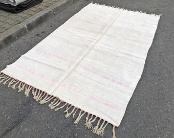 White oversized Hemp Rug, 8'2x5'1 ft, Living room carpet, Turkish Hemp Rug, Handmade, Vintage, Large Striped Rug, Kilim Rug, 252x158 cm