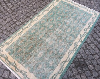 Green Oversize carpet rug, 6'8x3'8 ft, Large size area Rug, Oversize turkish carpet, oversize handknotted rug, oversize cotton rug 210x118cm