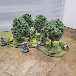 May include: A miniature tabletop scene with green trees and small figures. The figures are silver and blue, arranged around the trees on a grassy base. The scene is set on a brown and green surface, suitable for a tabletop game.