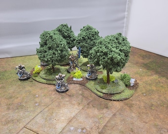 May include: Miniature tabletop terrain featuring several green trees and small figures. The figures are silver and blue, positioned around the trees and on a grassy base. The scene is set on a brown and green surface.