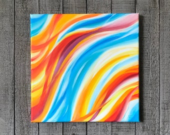 Bright colorful oil painting on canvas. Hand painted abstract art. 14x14 original wall art. Red yellow blue Wall Decoration