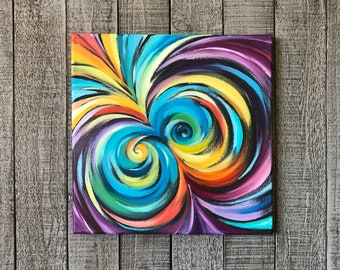Bright colorful abstract oil painting. Hand painted abstract art. 12x12 original wall decoration. Multicoloured art.