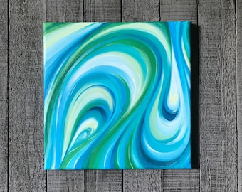 Colorful oil painting on canvas. Hand painted abstract art. 12x12 original sea themed wall art. Emerald green painting. Wall decoration.