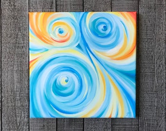 Bright colorful oil painting on canvas. Hand painted abstract art. 12x12 original wall art. Wall decoration.