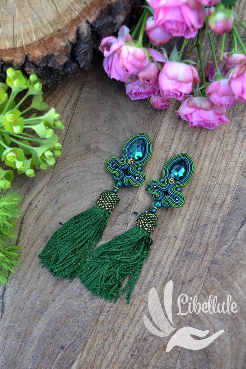MAYA original tassel sotache earrings with green tassel boho style stud clip on closre fast shipping bottle green earrings