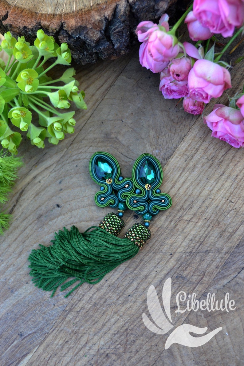 MAYA original tassel sotache earrings with green tassel boho style stud clip on closre fast shipping bottle green earrings