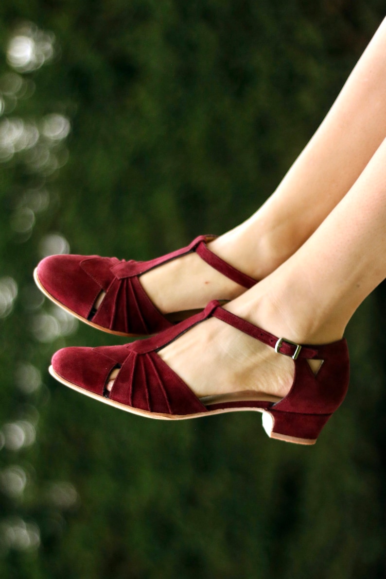 Downton Abbey Shoes- 5 Styles You Can Wear     JOSEPHINE Bordeaux suede - Hand-crafted leather swing shoes  AT vintagedancer.com