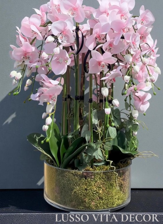 NEU! Rosa künstliche Orchideen Blumengesteck in klarer Vase