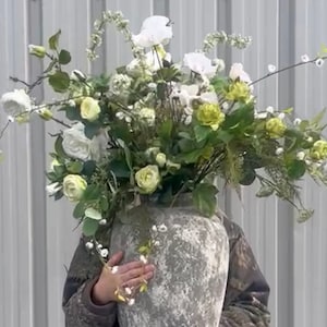 Luxury Silk Green White Floral Arrangement, Tall Stone Vase, Elegant Home Decor
