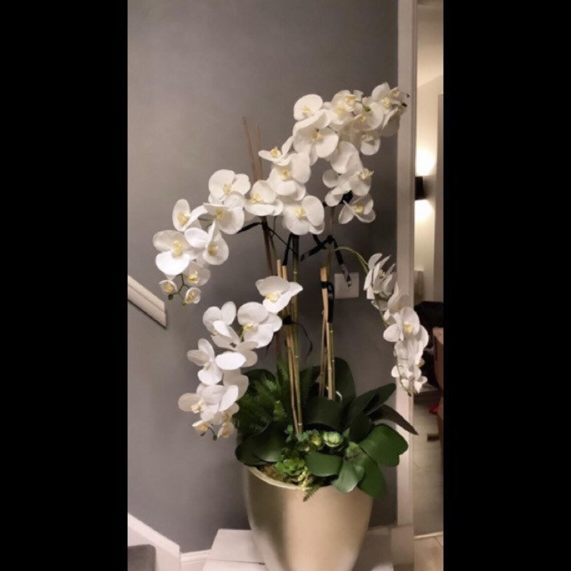 NEW Floor Standing Tall Artificial Faux White Orchid Arrangement black