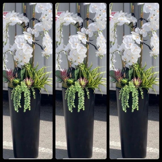 Orchidee Finte In Vaso - Decorazione Casa Con 2 Steli E 14 Fiori, Vaso Nero, Altezza 40cm