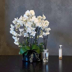Handmade White Realistic Orchid Arrangement: Dainty White Faux Flowers in Glass Vase