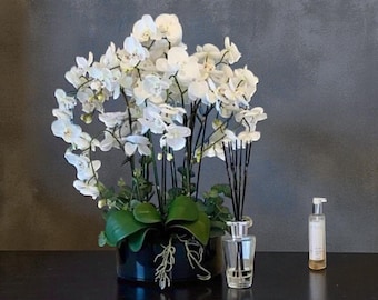 Handmade White Realistic Orchid Arrangement: Dainty White Faux Flowers in Glass Vase