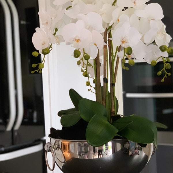 MEJOR VENTA Orquídeas de seda en una copa de champán. Arreglo floral, cumpleaños, Pascua, regalo de inauguración de la casa.