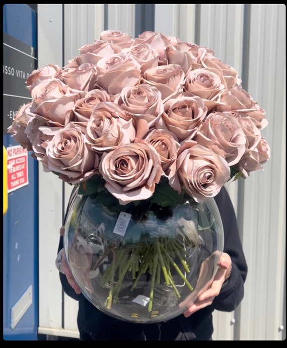 Rose finte artificiali in seta color visone extra large in grande ciotola  di vetro. -  Italia