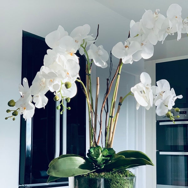 BESTSELLER!!  Tall faux artificial flat bowl willow orchid arrangement leaf succulent vase.