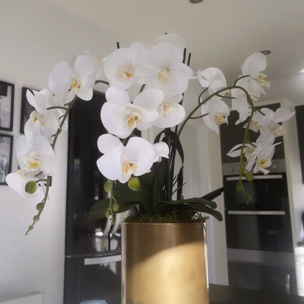 Arrangement de fleurs d'orchidées artificielles au toucher réel dans un vase en verre cylindrique doré, pendaison de crémaillère, cadeau d'anniversaire.