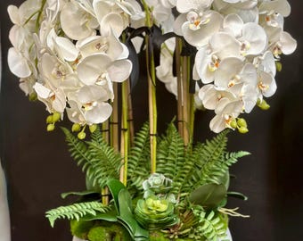 Large Faux White Orchid Arrangement: Cement Style Vase Table Decoration