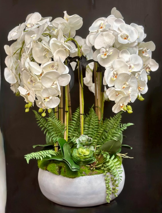 Große künstliche weiße Orchideen Schale: Zement Style Vase Tischdekoration