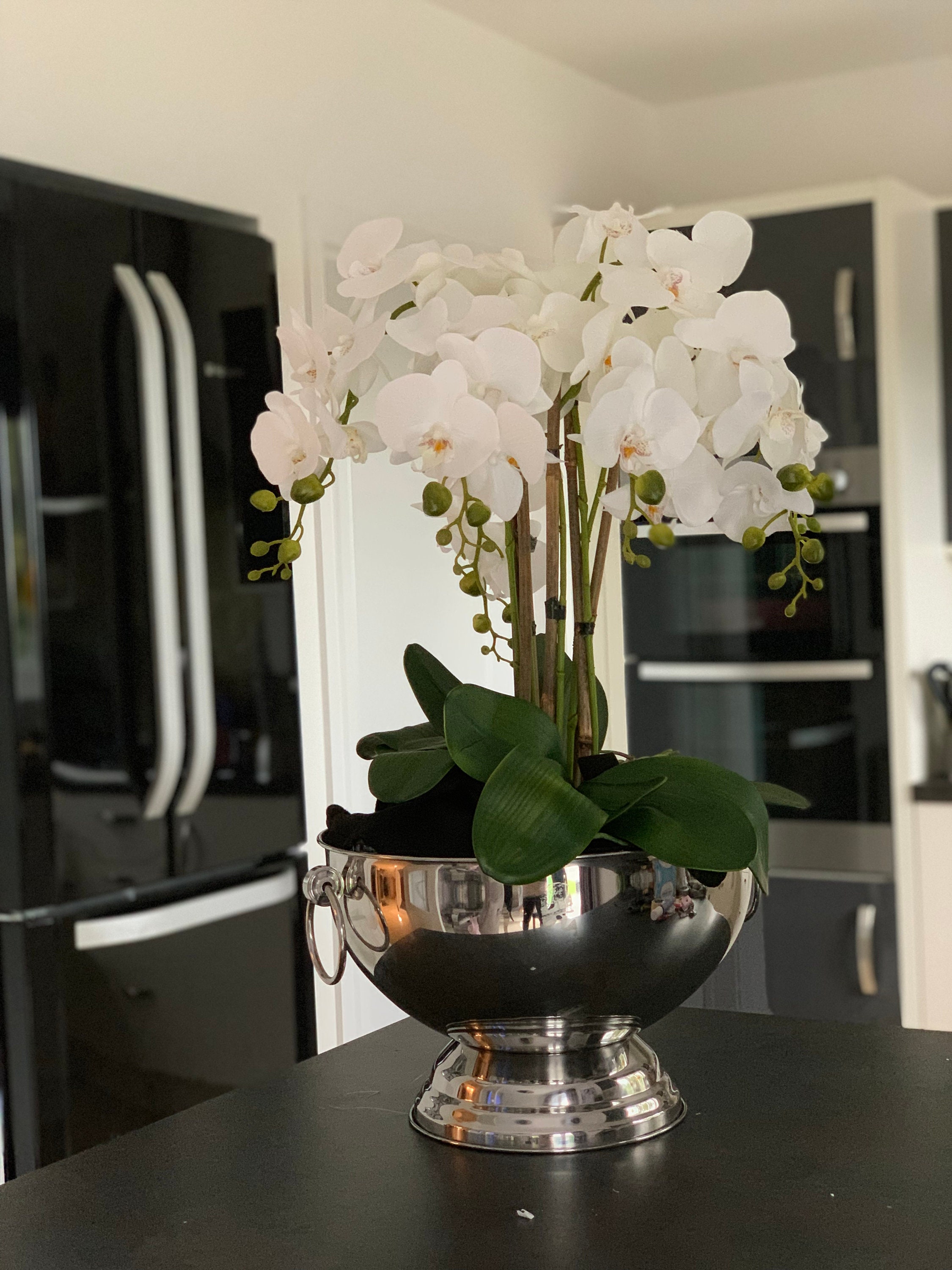 Silk White Orchid Arrangement: Silver Champagne Bowl Centerpiece - Etsy, image size:2250x3000