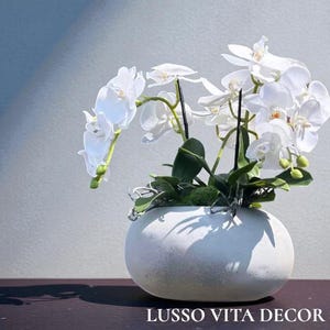 Arrangement kunstwitte orchidee: betonnen schaal, mosaccent