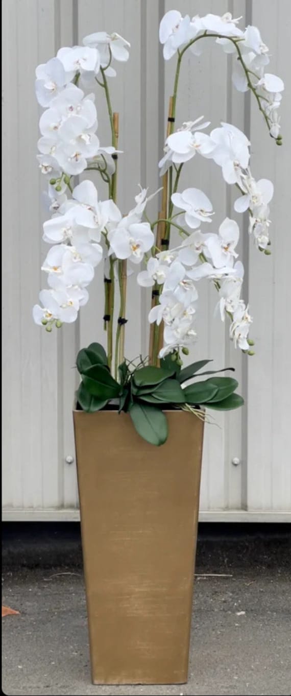 Tall White Silk Orchid Arrangement: Gold Pot Vase, Faux Plant (1.7m)