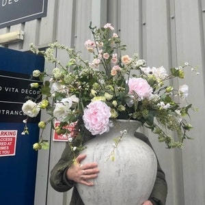 XXL Faux Flower Arrangement: Pink, White & Green Silk Flowers in Stone Vase