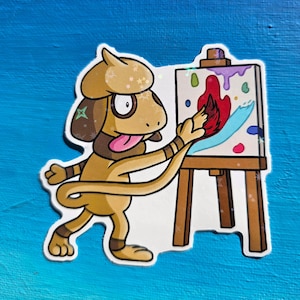 May include: A cartoon dog with a brown and tan fur coat is painting on a canvas with a paintbrush. The dog is wearing a brown hat and has a long tail. The canvas is on an easel and has a blue, red, and white abstract painting on it.