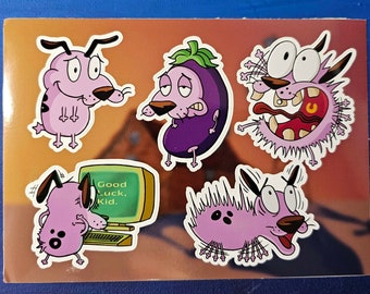 May include: Five stickers featuring a cartoon pink dog with different expressions. The dog is wearing a purple eggplant costume, a pink and white fuzzy costume, and a pink and white spiky costume. The dog is also shown with a computer screen that says "Good luck, kid."