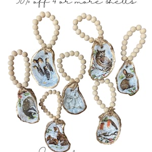 Set of Decoupaged Oyster Shell Woodland Christmas Ornament/Wine Bottle Charm/Napkin Rings/Winter Shell