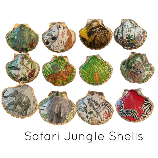 African Safari Decoupaged Shell Ring Dish/Trinket Tray/Beach Decor/Baby Shower Gift