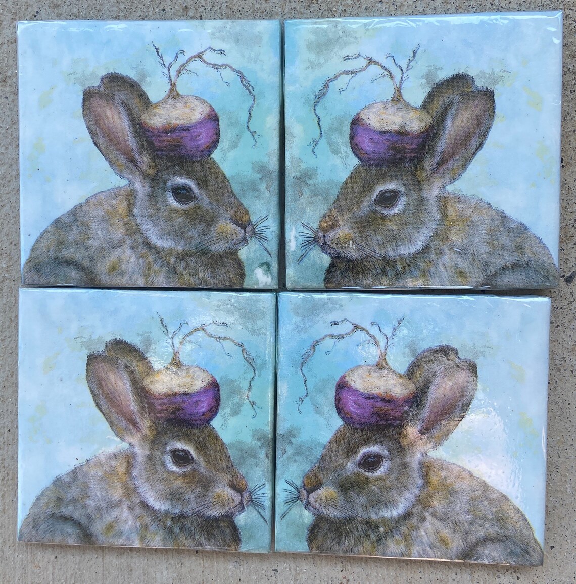 Decoupaged Rabbit Bunny with Turnip Hat Ceramic Tile Coaster Etsy