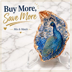 May include: Decorative oyster shell with a peacock design. The shell features a blue floral pattern and a gold-colored edge. The text "Buy More, Save More" is displayed in the image.