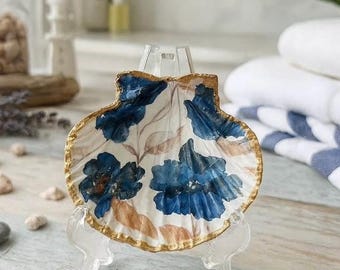 Bundles Chinoiserie Scallop Shell Dish: Navy Blue Floral Ring Holder, Trinket Tray, Wedding Gift