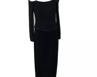 Vintage 80s Scott McClintock Off Shoulder Sparkly Fitted Top Gothic Long Dress 6