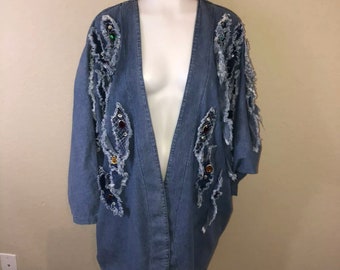 Vintage 80s Light Blue Denim Jean LA Dawn Embellished Bead Open Front Cardigan