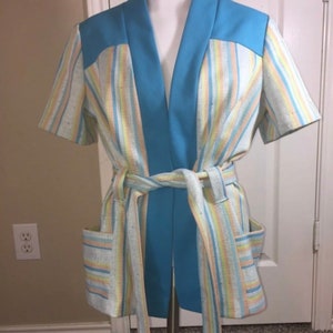 Vintage 50's 60's Striped Aqua Open Front Jacket Coat Light Weight Waist Tie