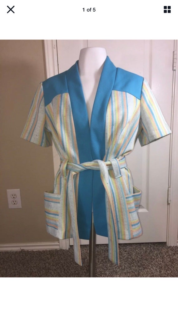 Vintage 50’s 60’s Striped Aqua Open Front Jacket C