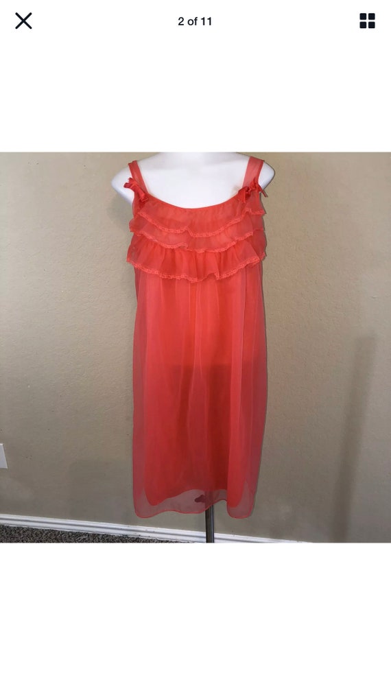 Women Vintage 60s 70s Coral Nylon Night Gown Tier… - image 2